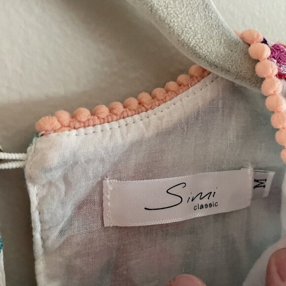 Simi Classic Wmn M White Floral Embroidered Tasseled Sleeveless Midi Shift Dress - Picture 6 of 8